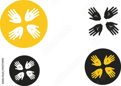 Hand icons circle set representing community unity diversity cooperation and teamwork in various color schemes for non-profit social organization logo or global charitable projects