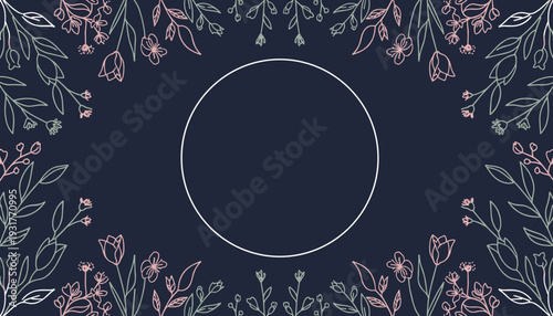 A dark blue background adorned with a delicate floral border and a central empty circle for text.