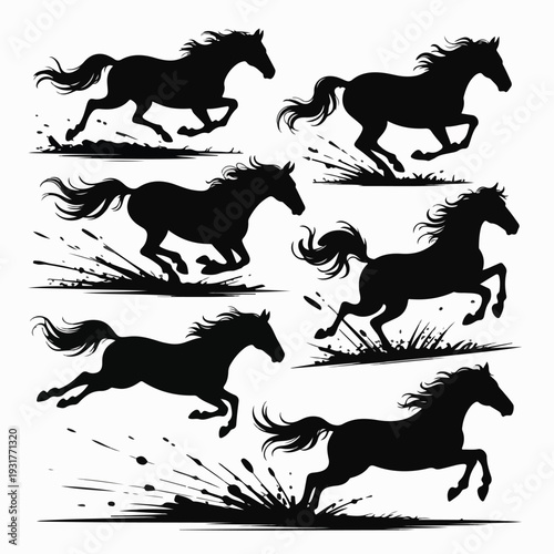 Dynamic Ink Splash Horse Silhouette Set – Abstract Brush Stroke Galloping Horse Vector Collection