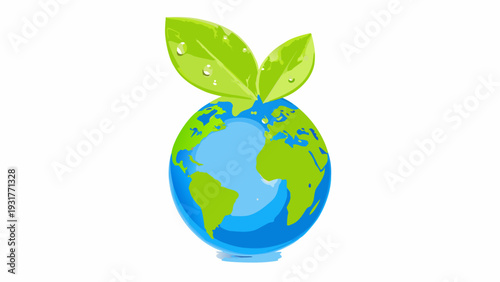 Earth globe with green leaves and dew drops symbolizing eco friendly and environmental conservation