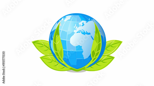 Earth globe with tropical green leaves orbiting symbolizing eco friendly and sustainable environment