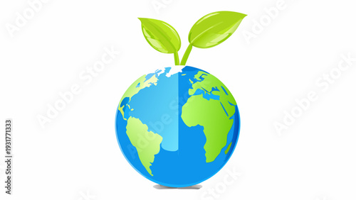 Glossy transparent globe with fresh green leaves emerging symbolizing eco friendly growth and sustainable development on a white background