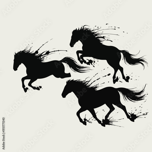 Dynamic Ink Splash Horse Silhouette Set – Abstract Brush Stroke Galloping Horse Vector Collection