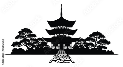 A striking black silhouette depicts a traditional japanese pagoda surrounded by trees and a stone pathway silhouette high quality professional detailed