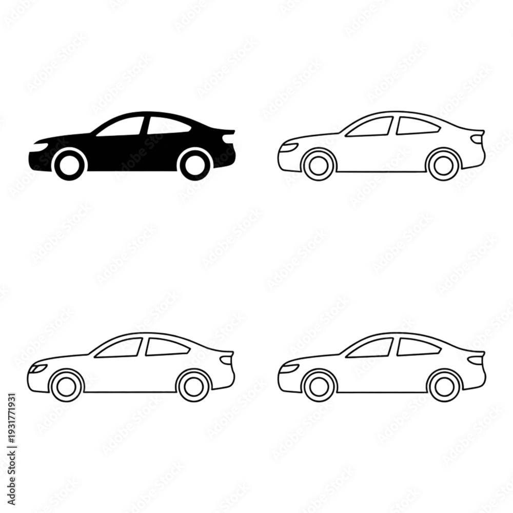 Fototapeta premium Four distinct styles of modern sedan vehicles depicted in simple line drawings isolated on transparent background