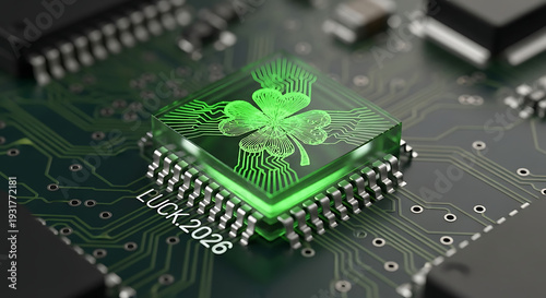 Green St Patrick's Day microchip circuit with golden clover glow 2026