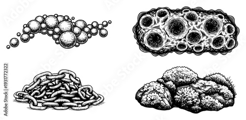 Collection of abstract grunge elements bubbles chains textures