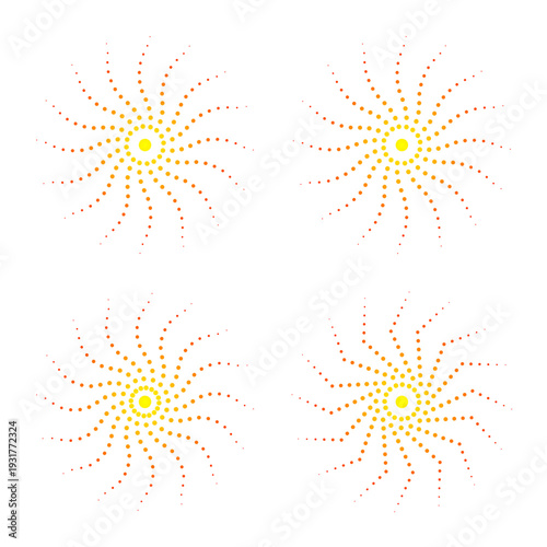 Abstract yellow sunburst spiral dot pattern set, Minimalist halftone radial sun design elements, Vibrant orange and yellow spiral dotted sunbursts, Modern geometric radial sun icons for graphic design
