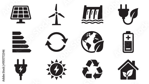 Renewable Energy and Sustainable Technology Icons Set - Vector Line Art Collection of Eco-Friendly Symbols for Green Power, Environment Protection, and Energy Efficiency