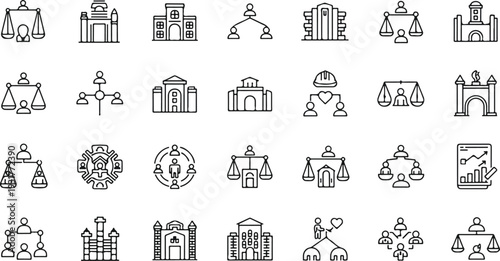 Government and Justice Line Icon Set: Law, Court, and Organizational Hierarchy.