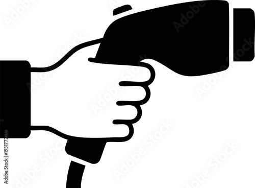EV Charging Hand Silhouette Minimalist Hand Holding Electric Vehicle Charger Nozzle Side Profile Flat Vector Icon