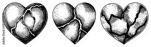 Set of broken hearts with cracks and texture hand drawn