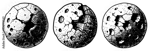 Set of cracked broken moon planets in space
