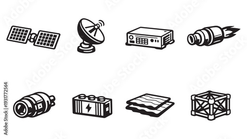 Collection of space technology and satellite components icons. Vector illustration of various elements like solar panels, satellite dish, rocket engine, battery, and spacecraft modules in a clean, iso