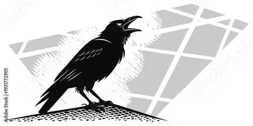 Majestic raven standing on textured surface with open beak