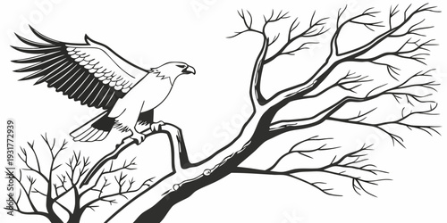 Majestic eagle perched on bare tree branch in dramatic flight