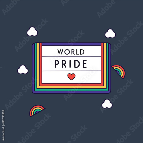 A colorful illustration displays a lighted sign reading world pride with rainbow and cloud motifs