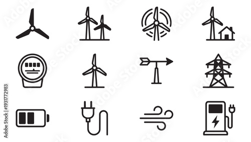 Clean Energy and Wind Power Line Icons featuring Horizontal Battery and Electric Charging Station