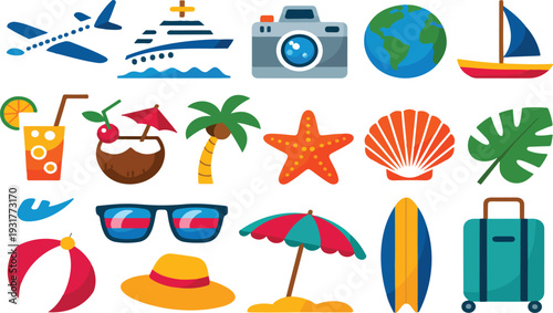 Travel Stickers Illustration Set for Tourism and Summer Vacation with Cartoon Journey and Tour Graphic Elements