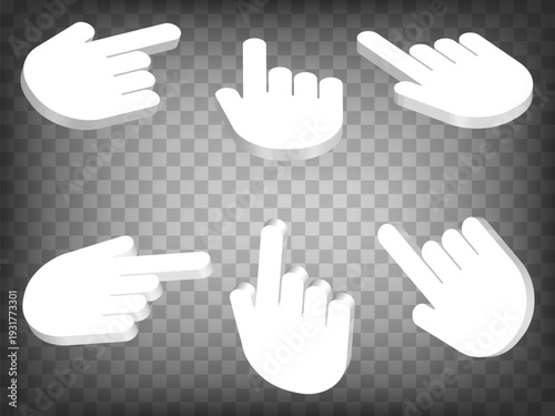 Set of perspective projections 3d Mouse cursor model icons on transparent background.  High detailed pointing hand clicks icon.  Abstract concept of graphic elements for your design. EPS 10