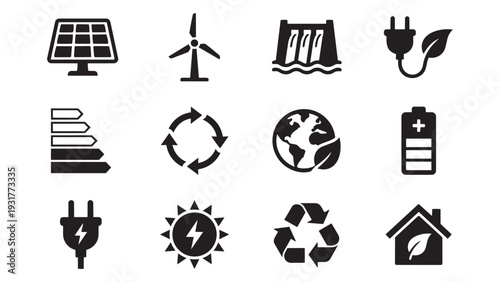 Renewable Energy and Ecology Icon Set with Wind, Solar, and Recycling Symbols