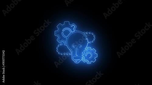 Wallpaper Mural Blue Neon Light Bulb with Gears and Cloud Symbol idea. Glowing symbol neon technology concept icon.  Torontodigital.ca