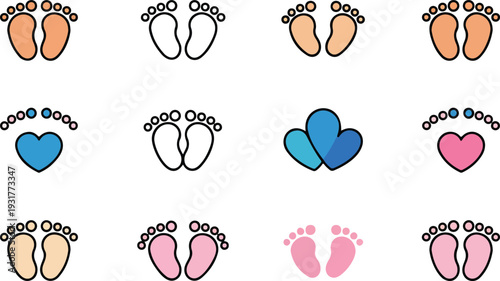 Newborn baby feet collection featuring colorful footprints and heart symbols for nursery and baby shower art.