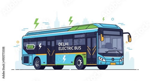A colorful illustration depicts a delhi electric bus with lightning bolts and a battery icon utilizing a flat silhouette high quality