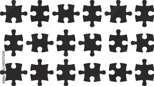 Puzzle Pieces Icons Set with Simple Black Vector Illustrations for Game, Logic and Education Design