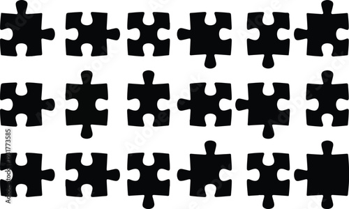 Puzzle Pieces Icons Set with Simple Black Vector Illustrations for Game, Logic and Education Design