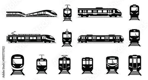A collection of black train icons in varying perspectives and styles presented as a graphic illustration silhouette high quality professional detailed