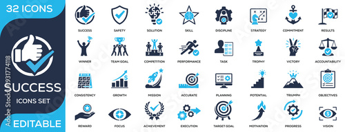 Success and achievement solid icon set featuring goals, growth, motivation, leadership, performance, and victory. Flat vector icons for business success and personal development projects.t (2)