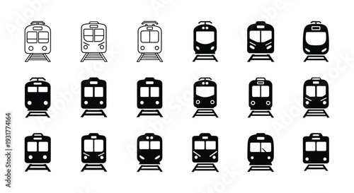 A collection of stylized train icons in varying perspectives and designs presented as a black silhouette high quality professional detailed modern