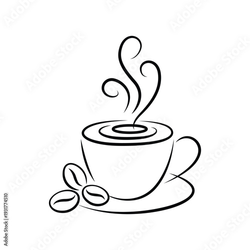 Steaming hot coffee cup with saucer and coffee beans on white