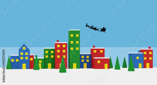 Santas Sleigh in Flight over Colorful Winter Cityscape with Snowy Trees in Bright Cartoon Style for Holiday Greeting Cards