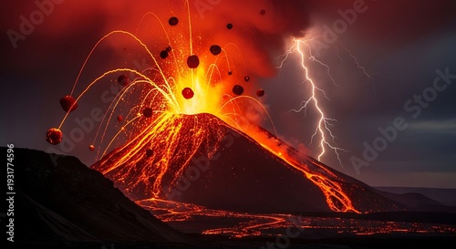 An abstract burning inferno of fiery orange flames and red heat glows bright against the black night forest as a hot blaze creates a smoke-filled explosion of energy