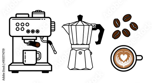 Coffee machine, espresso maker, coffee beans, coffee cup, heart design on a modern kitchen countertop with sleek appliances and coffee theme illustration