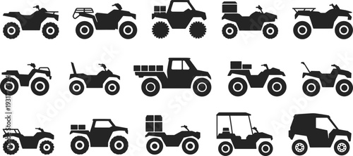 Off-road vehicle silhouette icon set, vector ATV UTV rugged transport collection, all-terrain cars trucks designs, outdoor adventure graphics, editable black illustrations