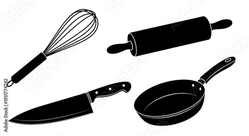 A set of kitchen utensils including a whisk, rolling pin, knife, and frying pan are arranged on a white background in a graphic illustration from a top-down viewpoint for cooking and baking purposes.