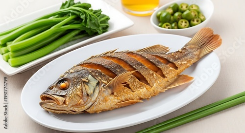 Delicious grilled salmon steak served on a white plate with roasted vegetables and a fresh lemon slice for a healthy gourmet seafood dinner