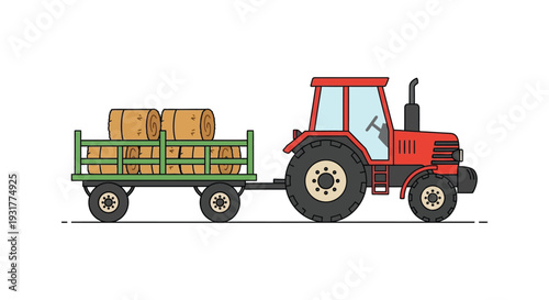 A vibrant colorful illustration depicts a tractor pulling a trailer full of hay bales a striking silhouette high quality professional detailed