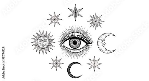 Celestial bodies and an all-seeing eye surrounded by stars, sun, and moon phases in a mystical illustration from a frontal viewpoint.