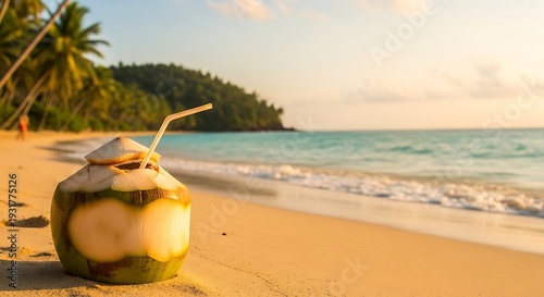 An exotic coconut cocktail drink sits on the tropical sand of a paradise island beach by the turquoise Caribbean sea under a bright summer sun during a holiday vacation