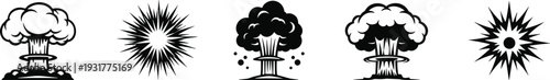Nuclear Mushroom Cloud Explosion Vector Set with Atomic Bomb Blast Silhouettes Shockwave Sparks and Fireball Elements for War Conflict Disaster and Destruction Concept Illustration