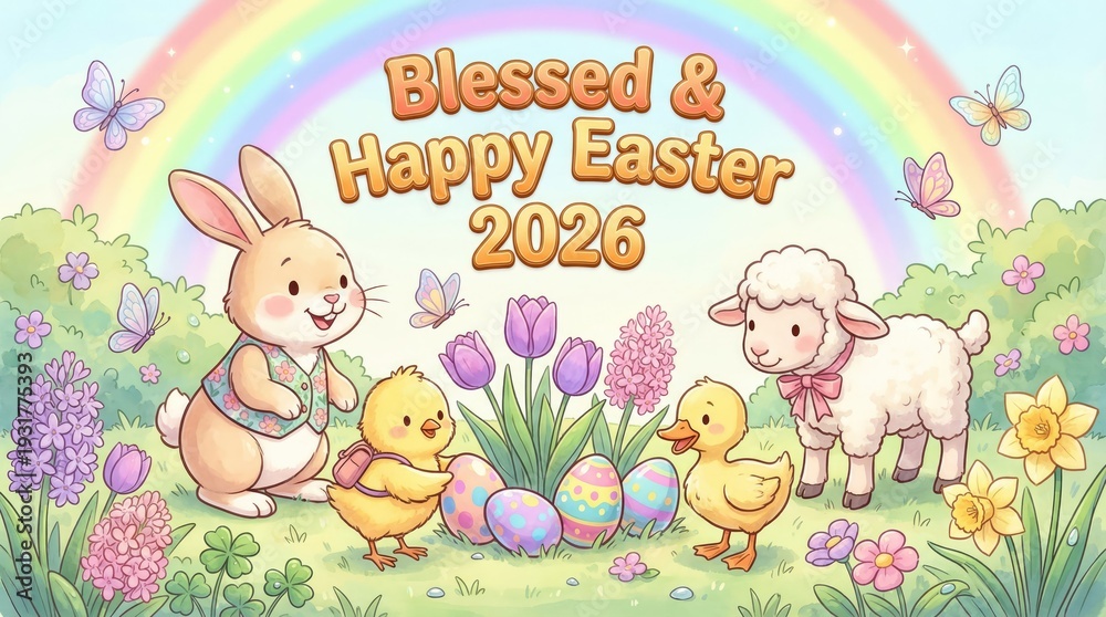 Obraz premium A cartoon Easter scene with a rabbit, sheep, ducklings, and chicks amidst vibrant flowers and eggs under a colorful rainbow