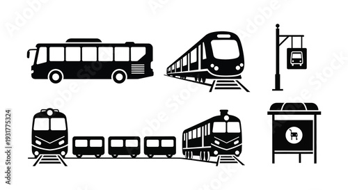 A collection of various public transportation vehicles in black including a bus train and tram silhouette high quality professional detailed modern