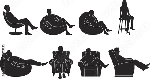 Seated people silhouette icon set, vector chair poses collection, modern furniture ergonomics, bean bag stool recliner armchair designs, editable black graphics