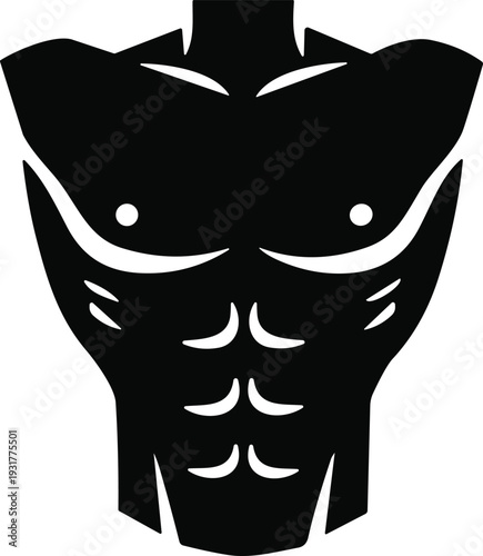 Muscular male torso chest and abs silhouette vector icon isolated on white background for fitness bodybuilding gym workout and healthy lifestyle concept.