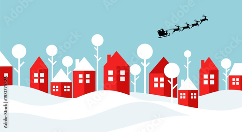Santa Claus sleigh in vibrant red houses village with white trees and snowy landscape in flat design for christmas greeting card