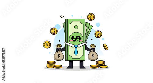 Dollar Bill Character with Money Bags.